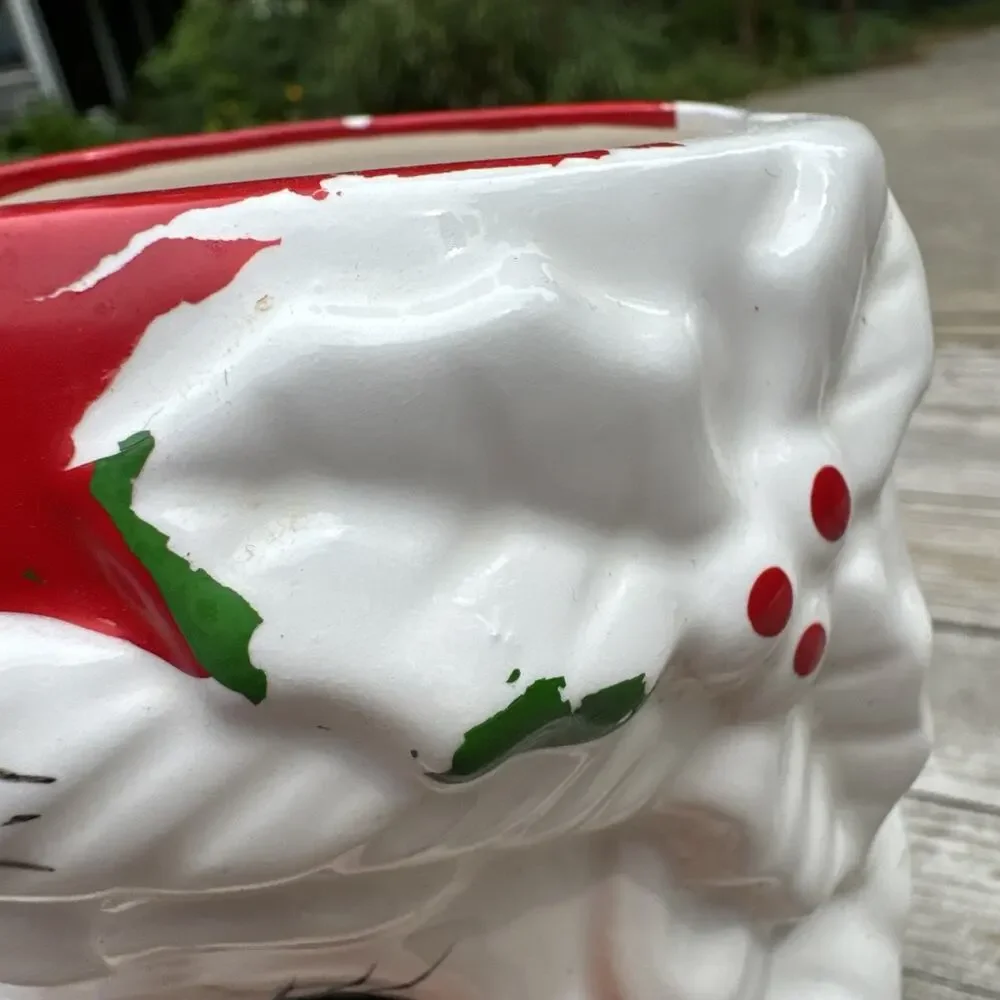 Vintage Ceramic Santa Head Planter Christmas Vase No Handle Holly 6 In